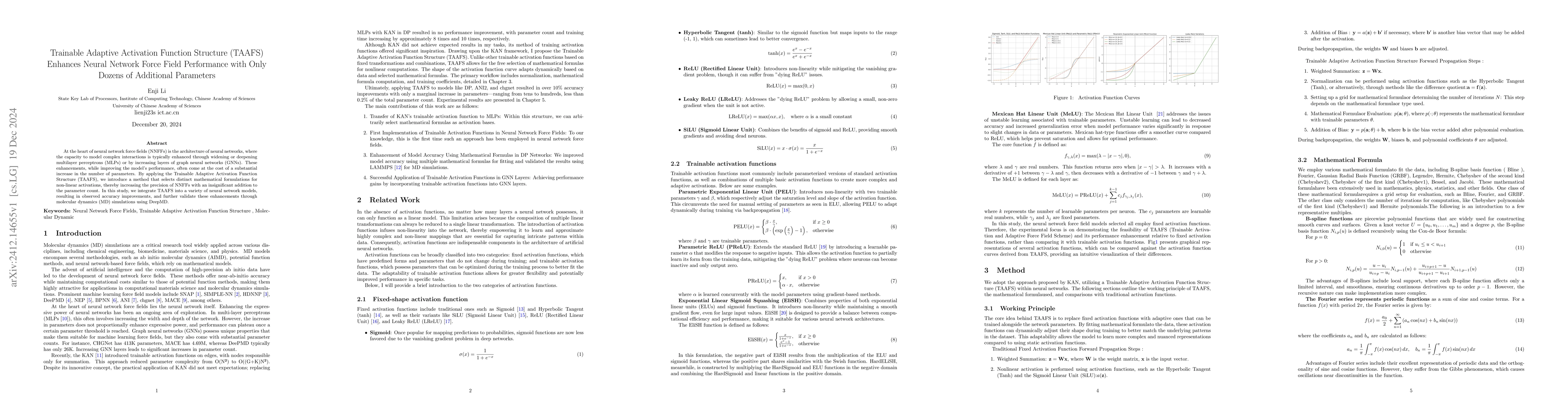 Thumbnail for Trainable Adaptive Activation Function Structure (TAAFS) Enhances Neural
  Network Force Field Performance with Only Dozens of Additional Parameters