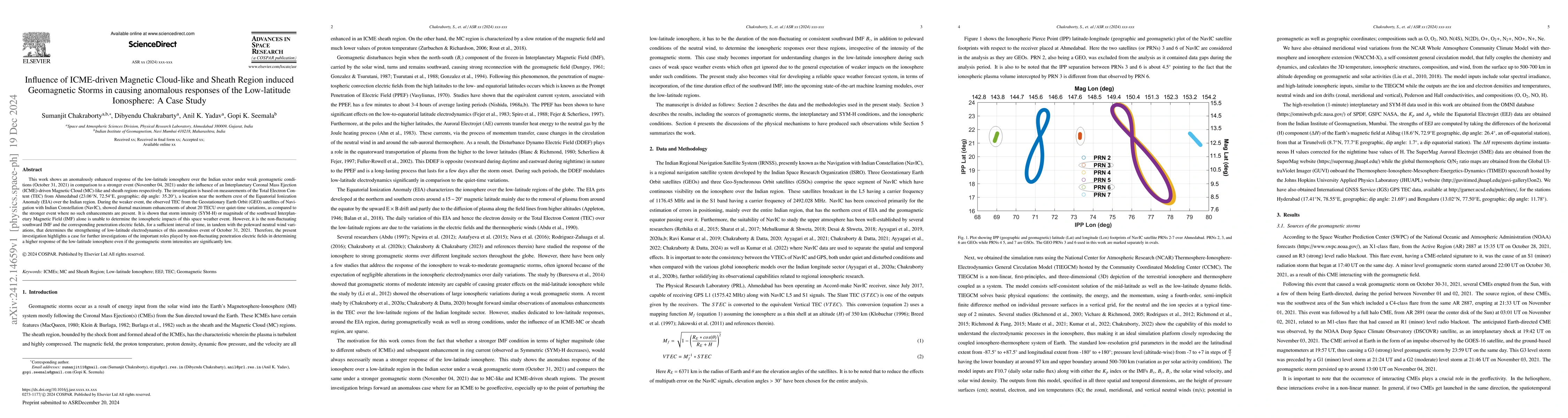 Thumbnail for Influence of ICME-driven Magnetic Cloud-like and Sheath Region induced
  Geomagnetic Storms in causing anomalous responses of the Low-latitude
  Ionosphere: A Case Study