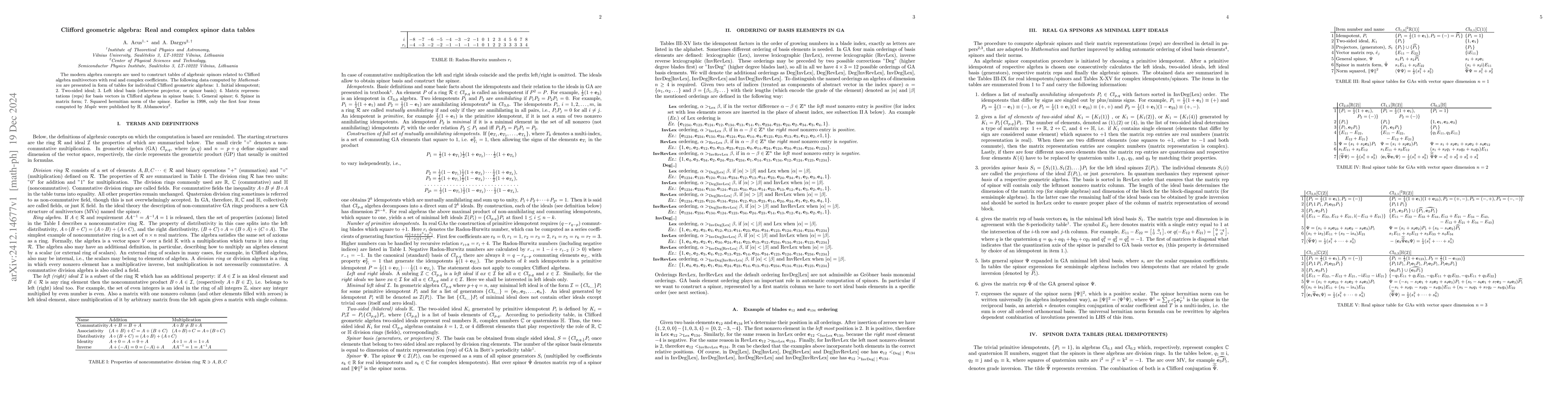 Thumbnail for Clifford geometric algebra: Real and complex spinor data tables