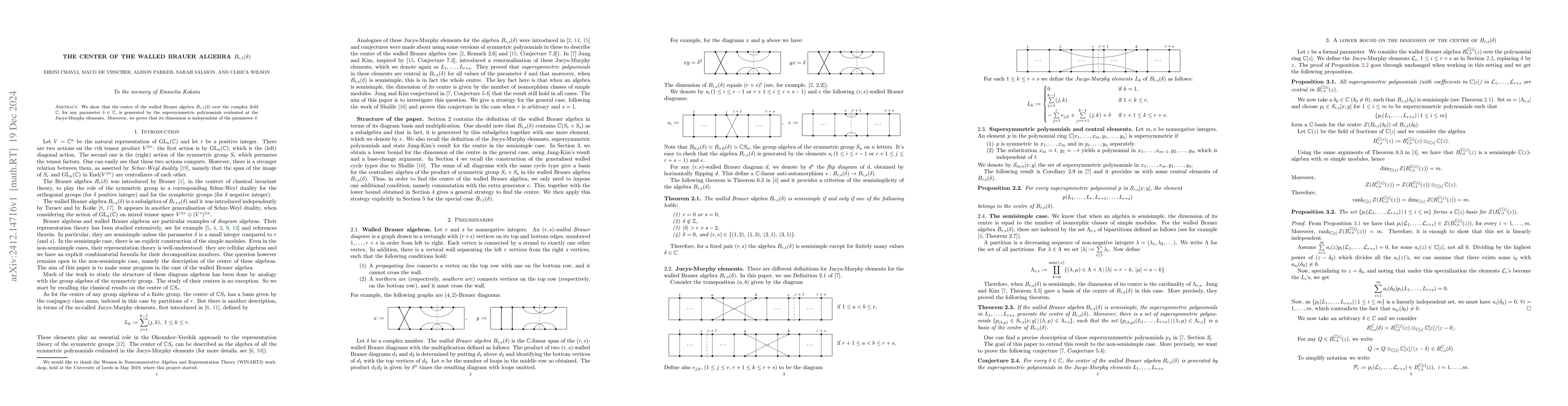 Thumbnail for The center of the walled Brauer algebra $B_{r,1}(δ)$