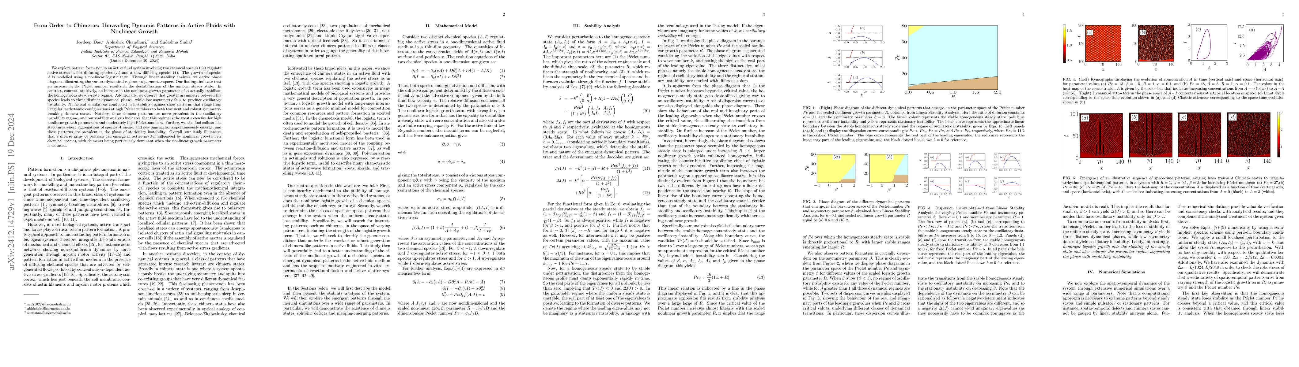 Thumbnail for From Order to Chimeras: Unraveling Dynamic Patterns in Active Fluids
  with Nonlinear Growth