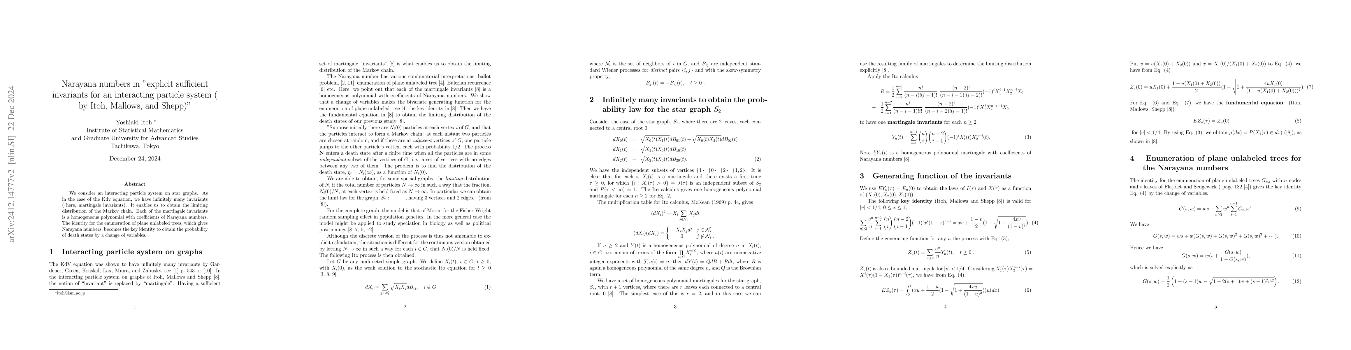 Thumbnail for Narayana numbers in "explicit sufficient invariants for an interacting
  particle system ( by Itoh, Mallows, and Shepp)"