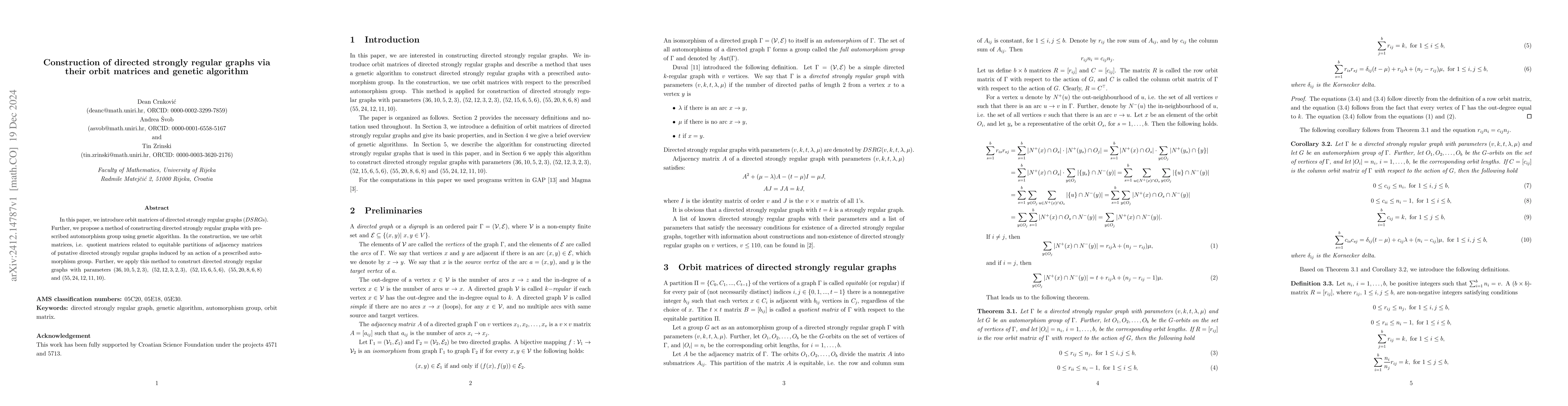 Thumbnail for Construction of directed strongly regular graphs via their orbit
  matrices and genetic algorithm