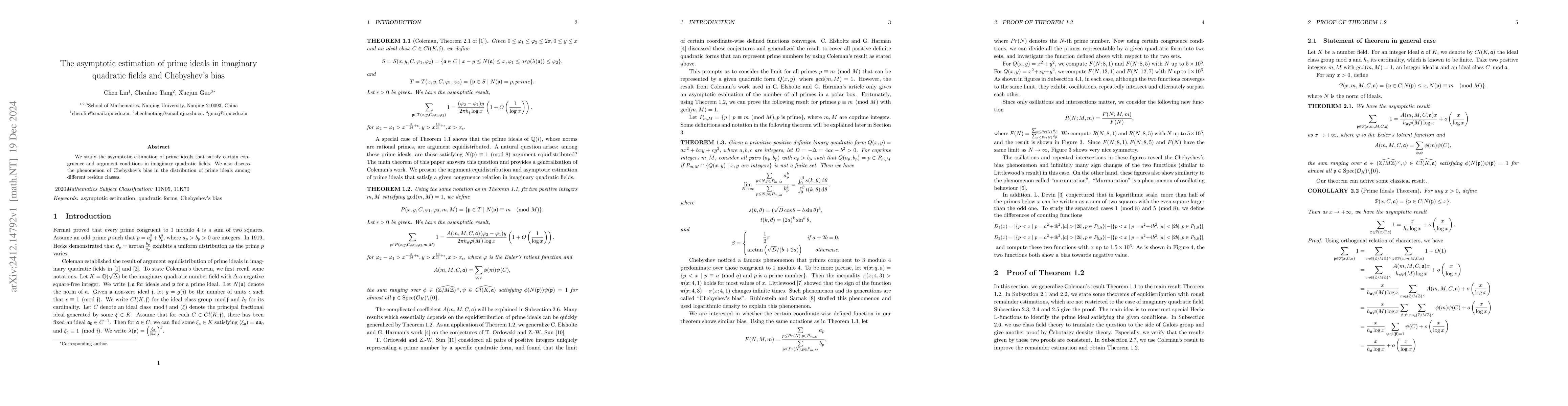 Thumbnail for The asymptotic estimation of prime ideals in imaginary quadratic fields
  and Chebyshev's bias