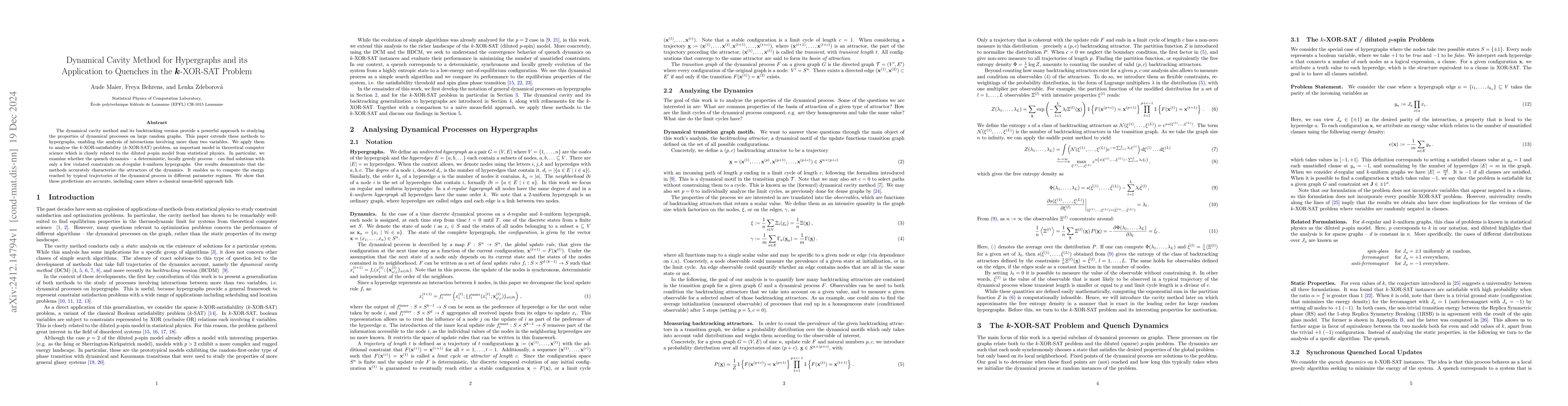 Thumbnail for Dynamical Cavity Method for Hypergraphs and its Application to Quenches
  in the k-XOR-SAT Problem