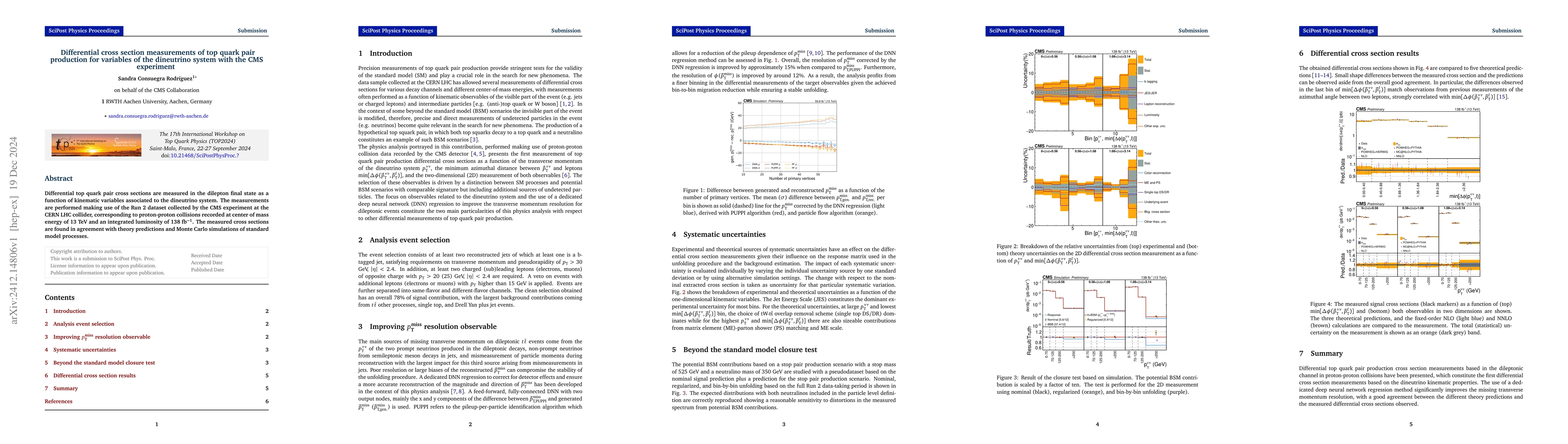 Thumbnail for Differential cross section measurements of top quark pair production for
  variables of the dineutrino system with the CMS experiment