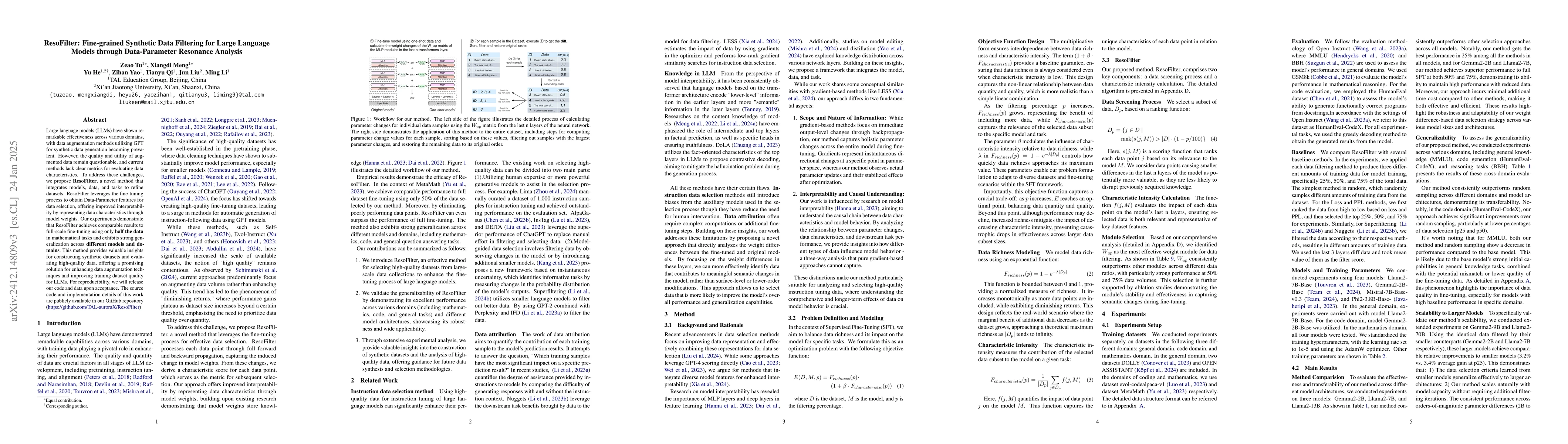 Thumbnail for ResoFilter: Fine-grained Synthetic Data Filtering for Large Language
  Models through Data-Parameter Resonance Analysis