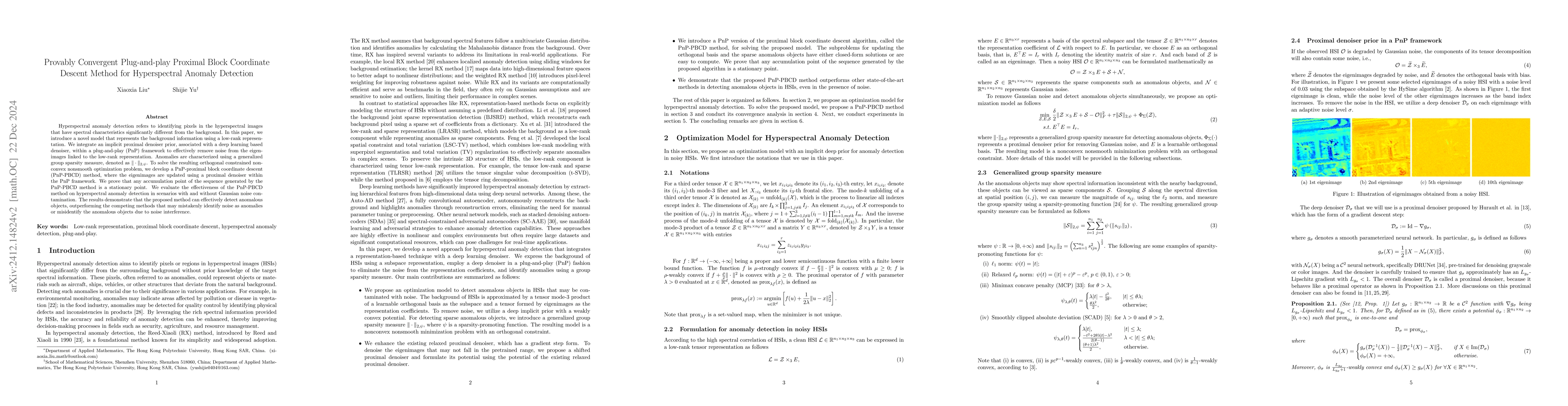 Thumbnail for Provably Convergent Plug-and-play Proximal Block Coordinate Descent
  Method for Hyperspectral Anomaly Detection