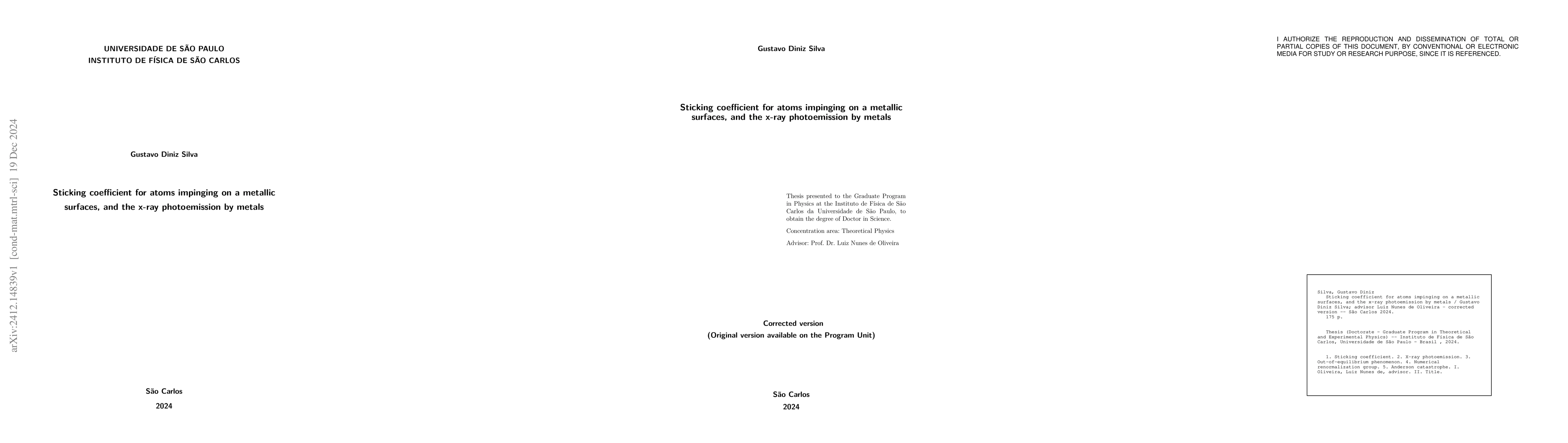 Thumbnail for Sticking coefficient for atoms impinging on a metallic surfaces, and the
  x-ray photoemission by metals