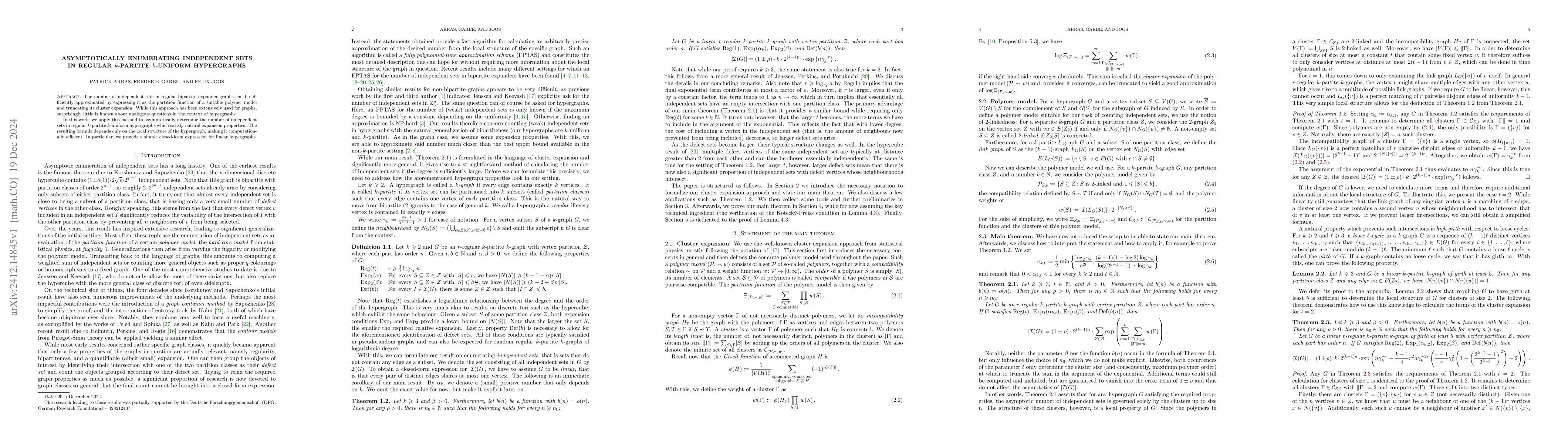 Thumbnail for Asymptotically Enumerating Independent Sets in Regular $k$-Partite
  $k$-Uniform Hypergraphs