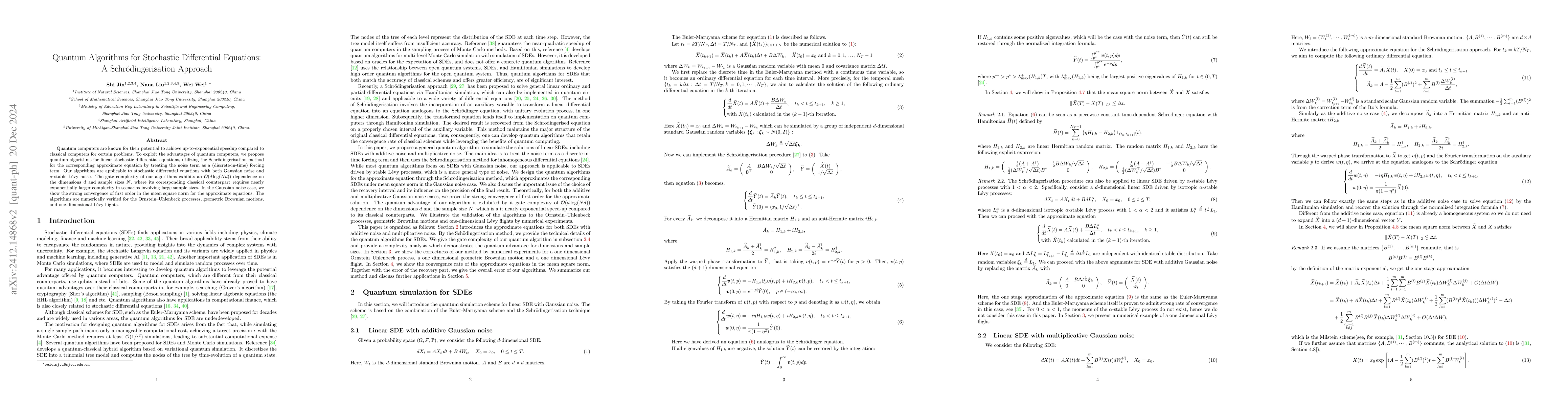 Thumbnail for Quantum Algorithms for Stochastic Differential Equations: A
  Schrödingerisation Approach