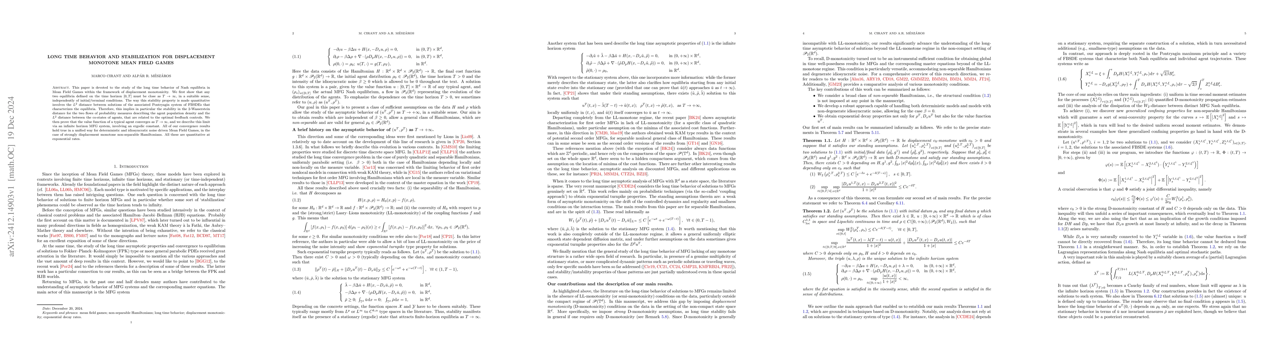 Thumbnail for Long Time Behavior and Stabilization for Displacement Monotone Mean
  Field Games