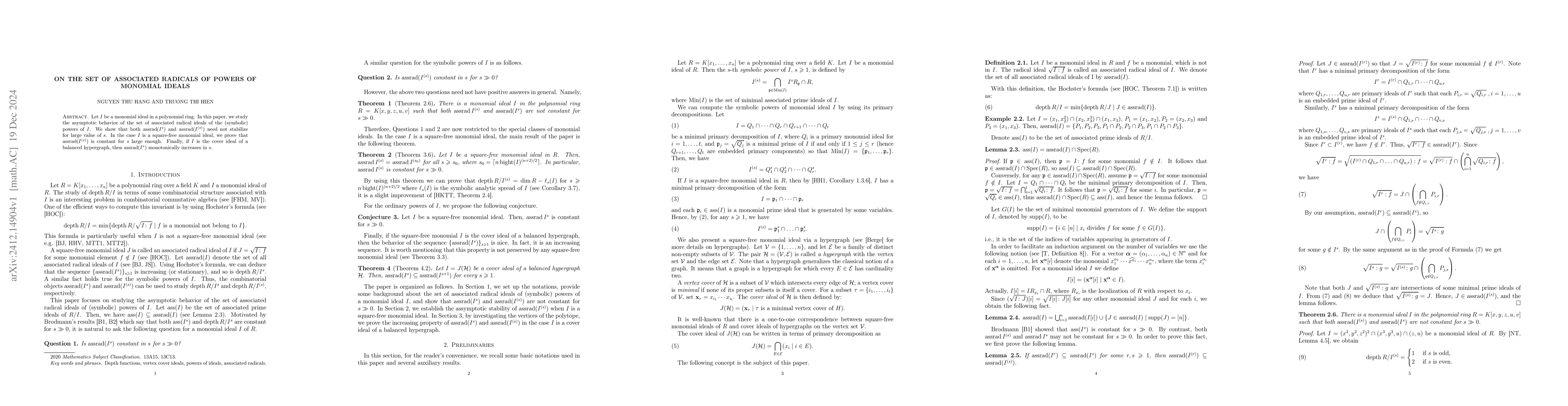 Thumbnail for On the set of associated radicals of powers of monomial ideals