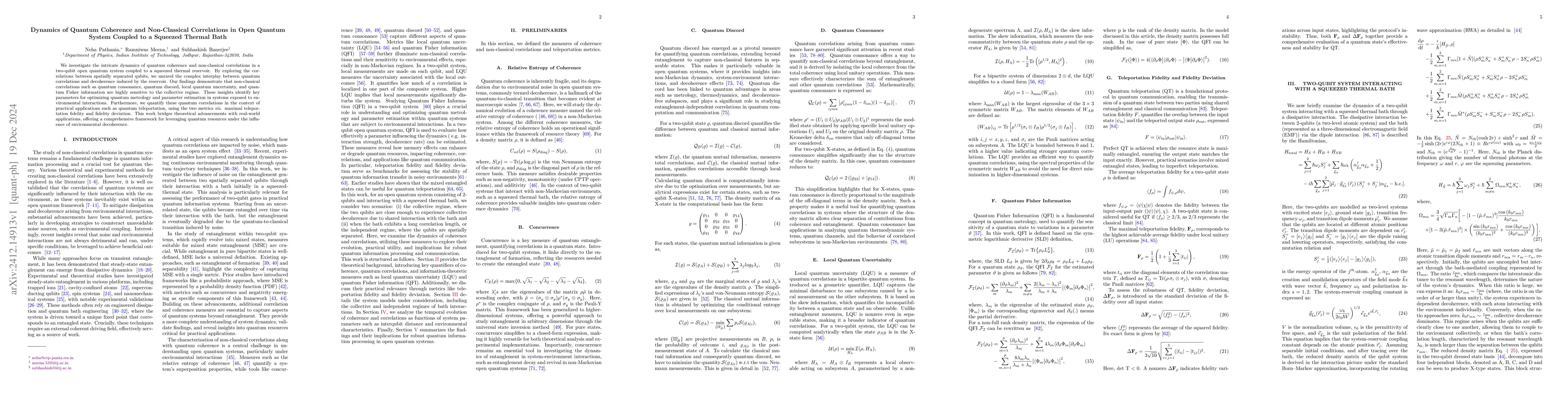 Thumbnail for Dynamics of Quantum Coherence and Non-Classical Correlations in Open
  Quantum System Coupled to a Squeezed Thermal Bath