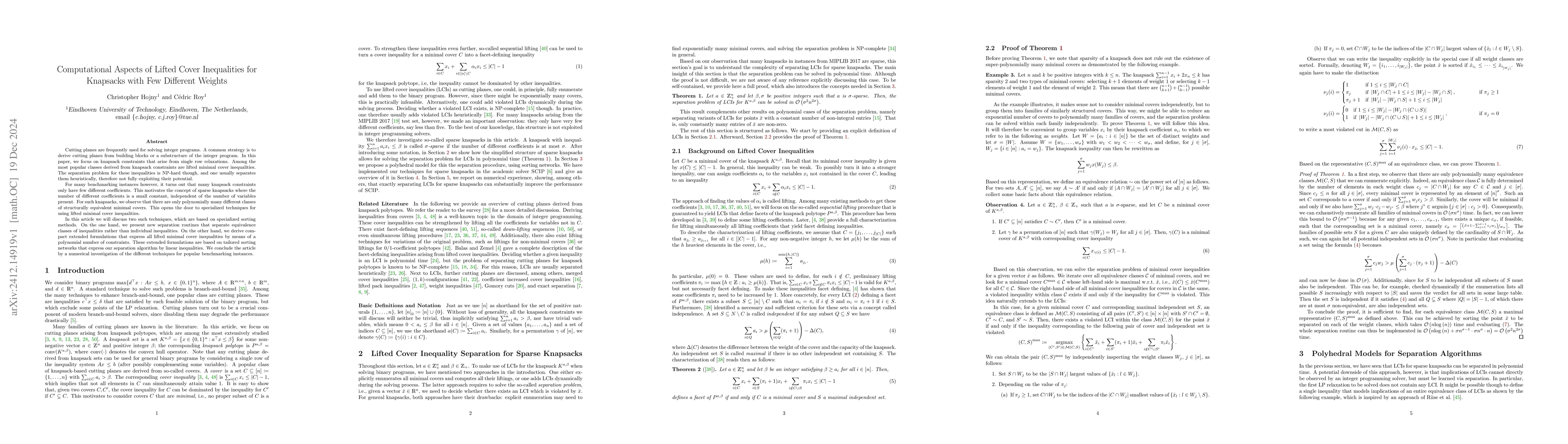Thumbnail for Computational Aspects of Lifted Cover Inequalities for Knapsacks with
  Few Different Weights