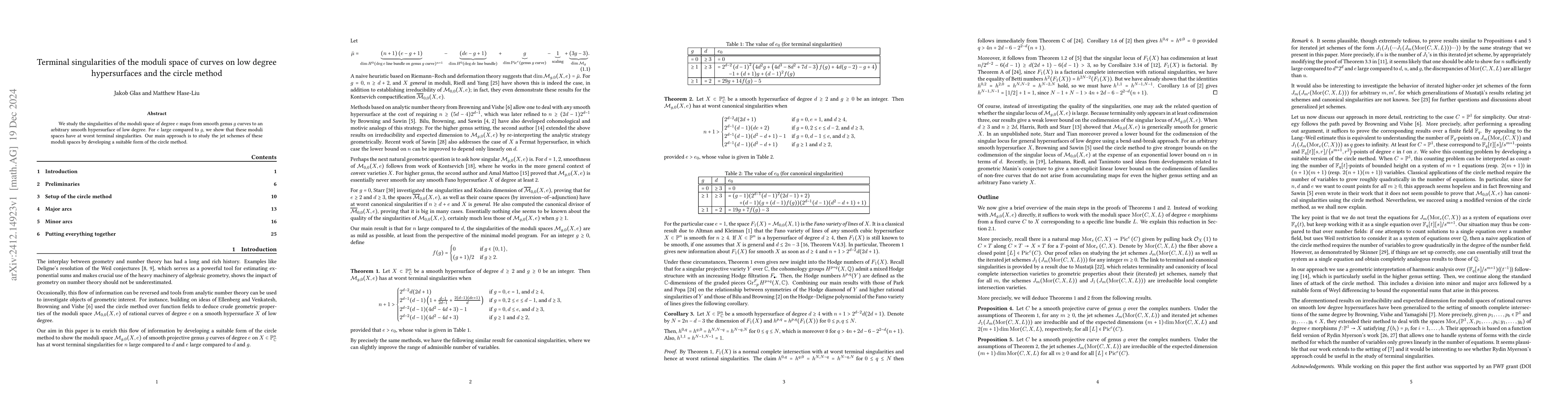Thumbnail for Terminal singularities of the moduli space of curves on low degree
  hypersurfaces and the circle method