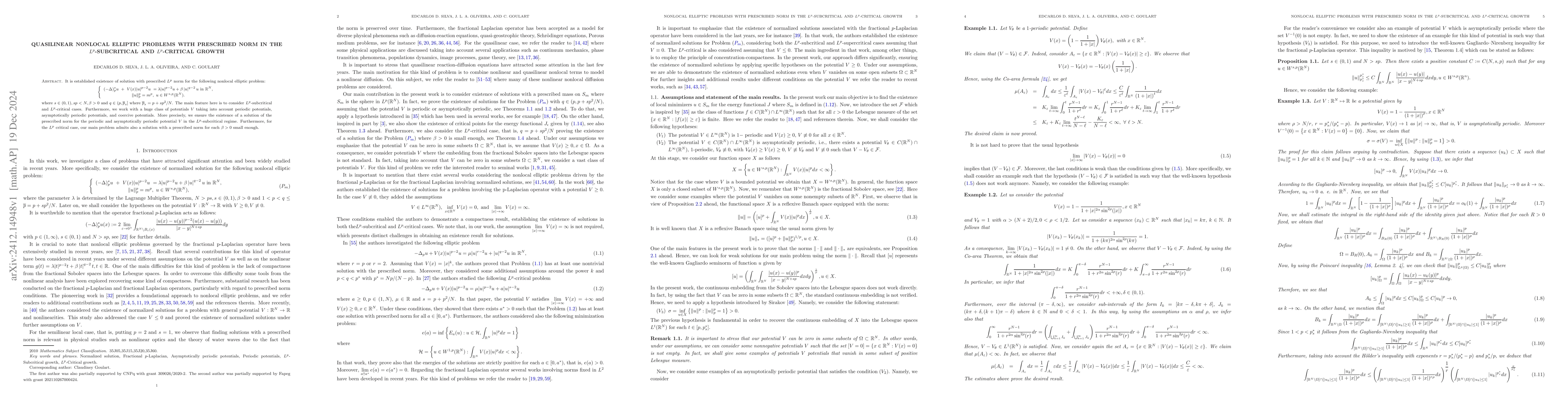 Thumbnail for Quasilinear nonlocal elliptic problems with prescribed norm in the
  $L^p$-subcritical and $L^p$-critical growth