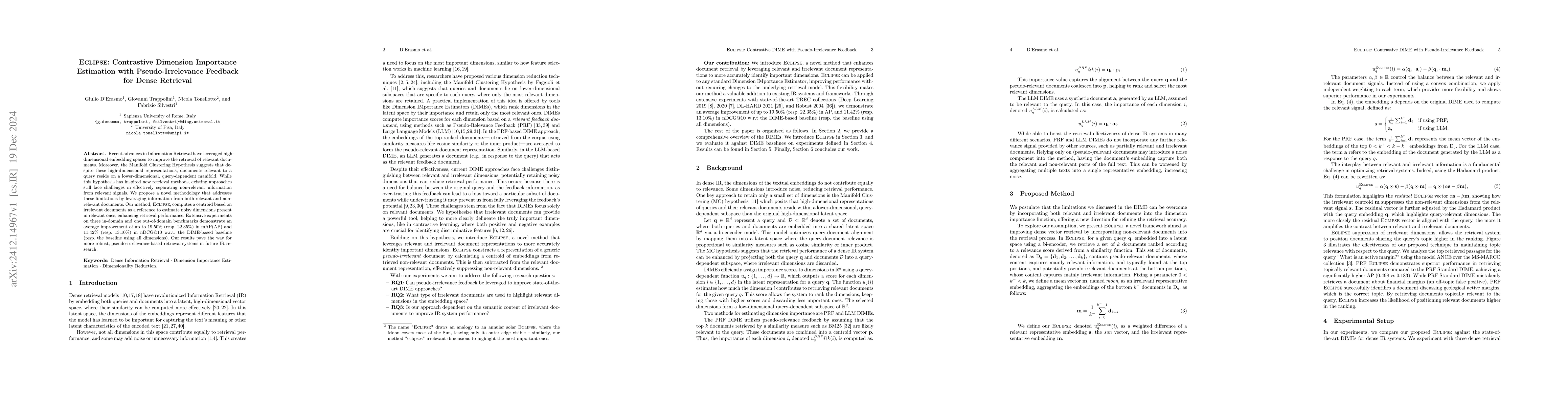 Thumbnail for ECLIPSE: Contrastive Dimension Importance Estimation with
  Pseudo-Irrelevance Feedback for Dense Retrieval