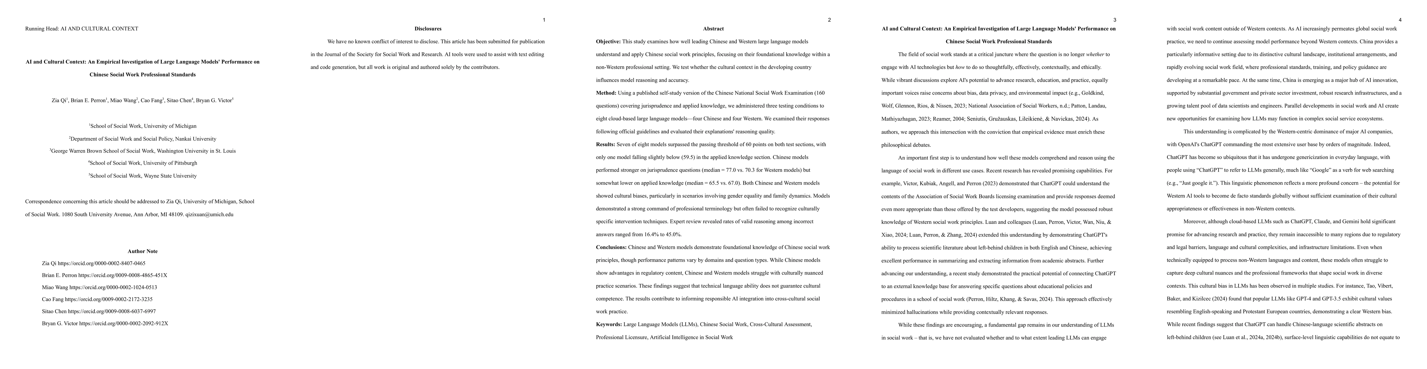 Thumbnail for AI and Cultural Context: An Empirical Investigation of Large Language
  Models' Performance on Chinese Social Work Professional Standards