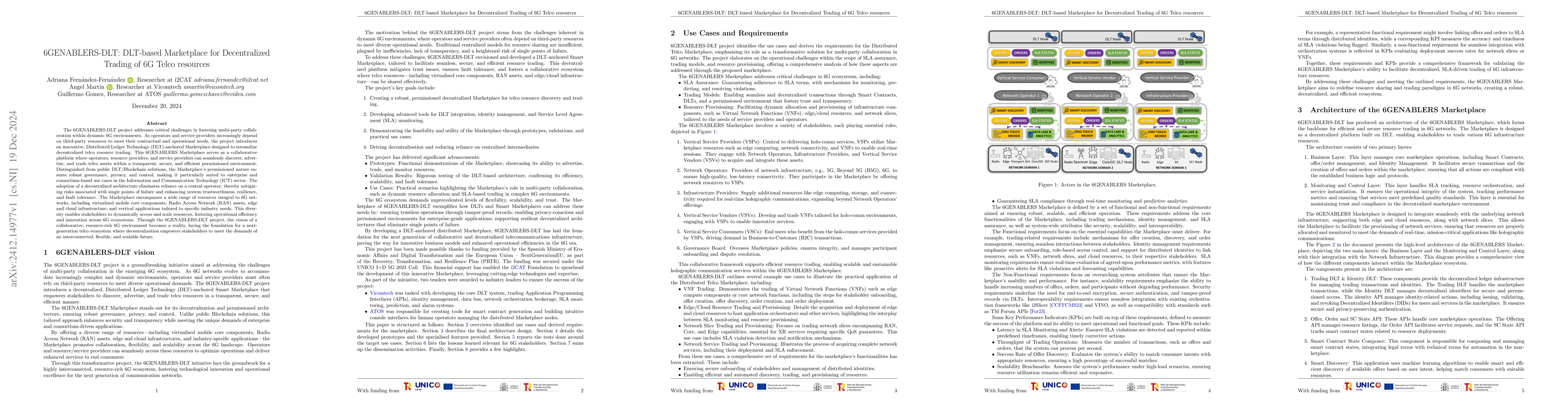 Thumbnail for 6GENABLERS-DLT: DLT-based Marketplace for Decentralized Trading of 6G
  Telco resources