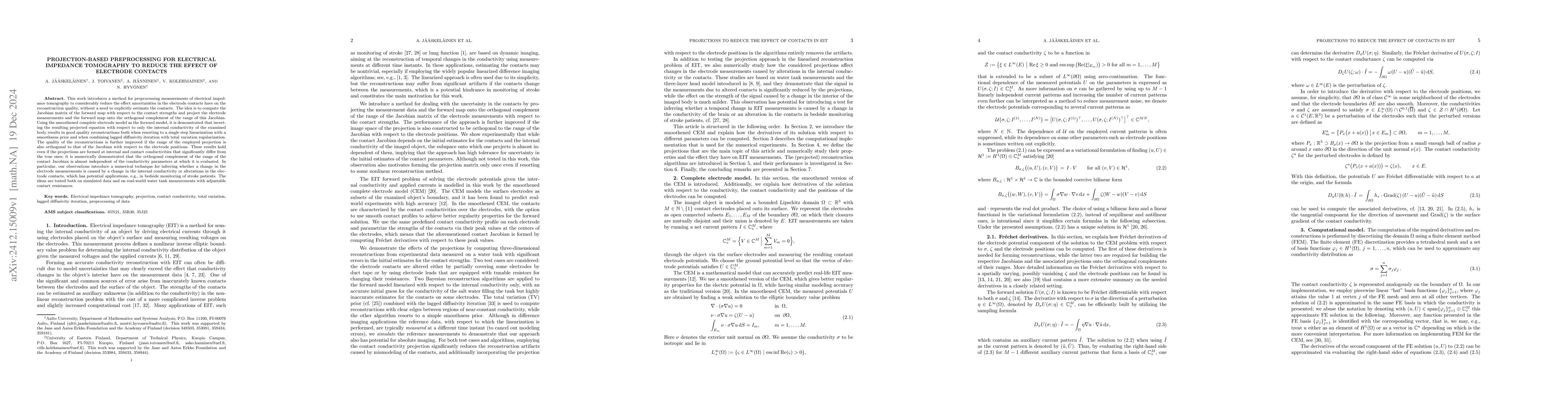 Thumbnail for Projection-based preprocessing for electrical impedance tomography to
  reduce the effect of electrode contacts