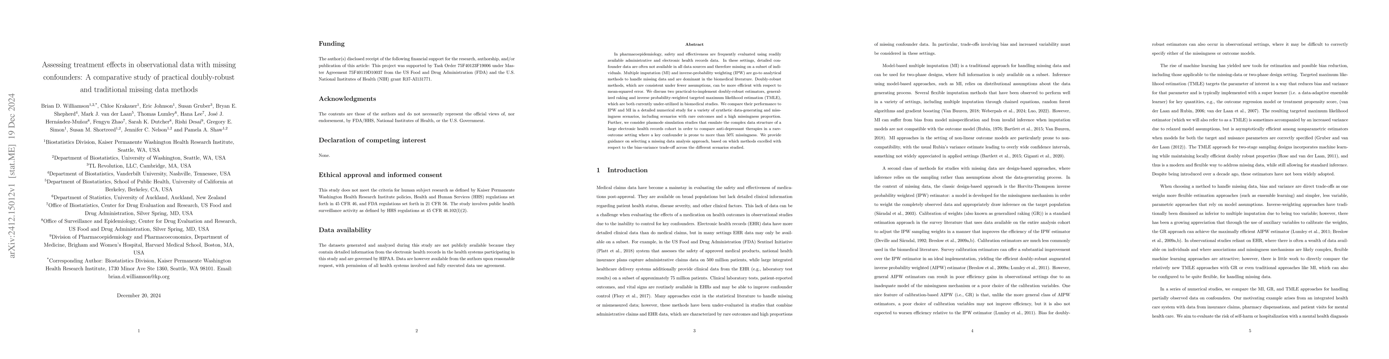 Thumbnail for Assessing treatment effects in observational data with missing
  confounders: A comparative study of practical doubly-robust and traditional
  missing data methods
