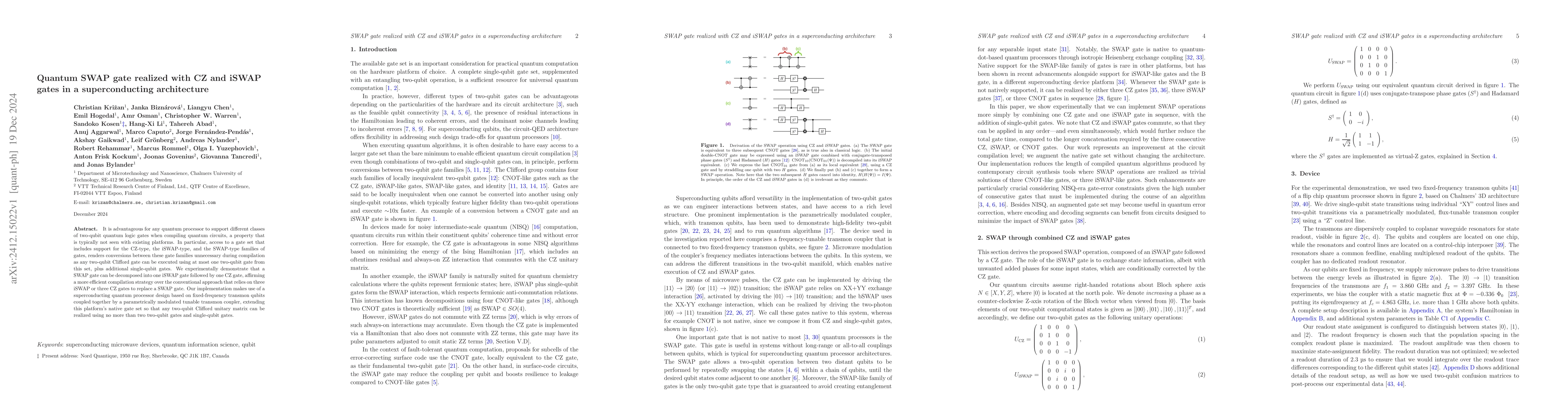 Thumbnail for Quantum SWAP gate realized with CZ and iSWAP gates in a superconducting
  architecture