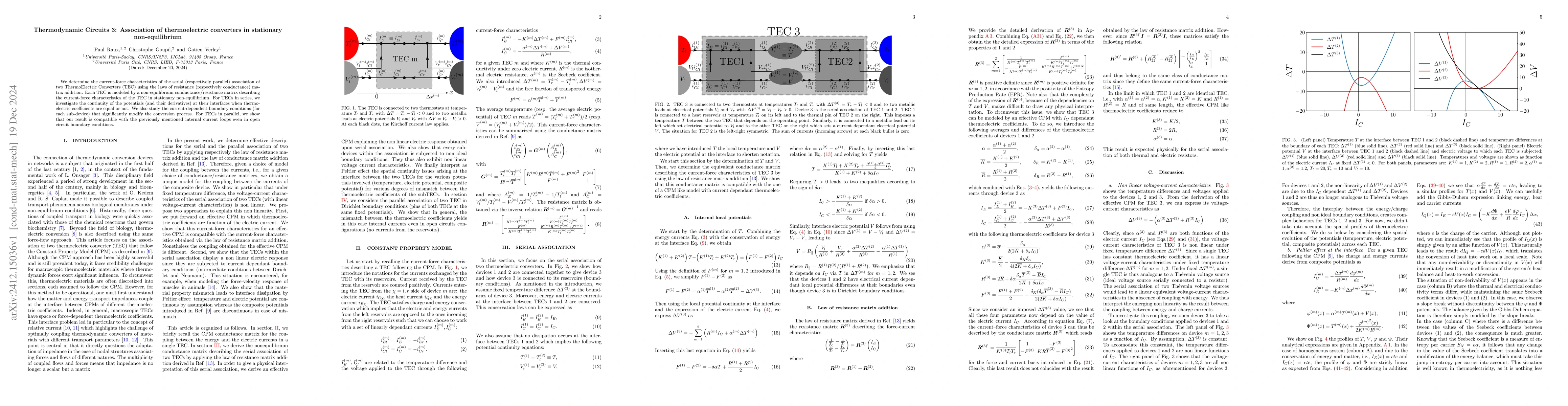 Thumbnail for Thermodynamic Circuits 3: Association of thermoelectric converters in
  stationary non-equilibrium