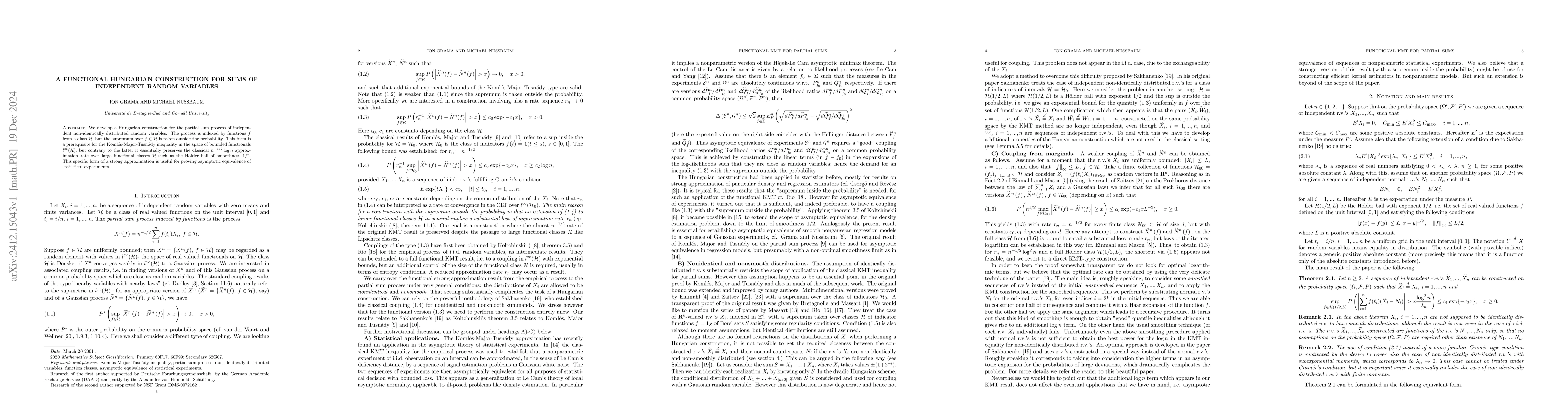 Thumbnail for A functional Hungarian construction for sums of independent random
  variables