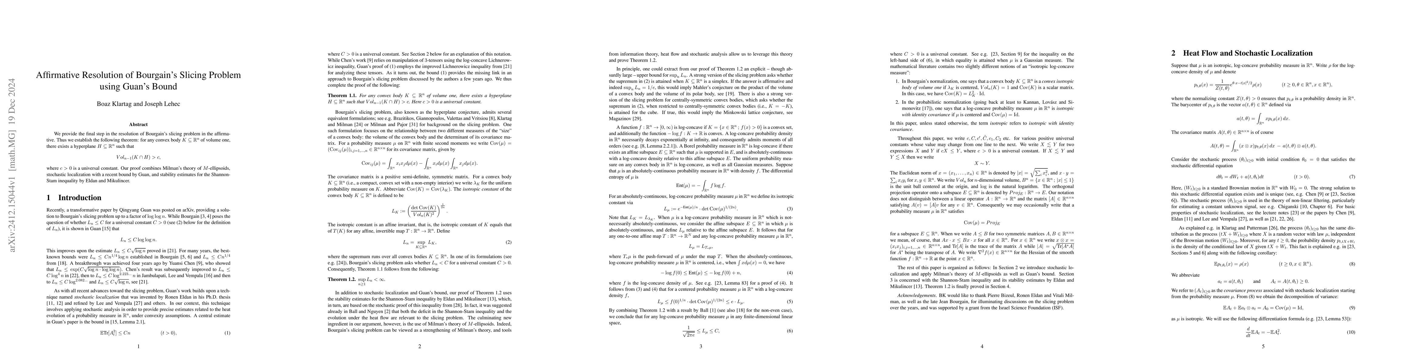 Thumbnail for Affirmative Resolution of Bourgain's Slicing Problem using Guan's Bound