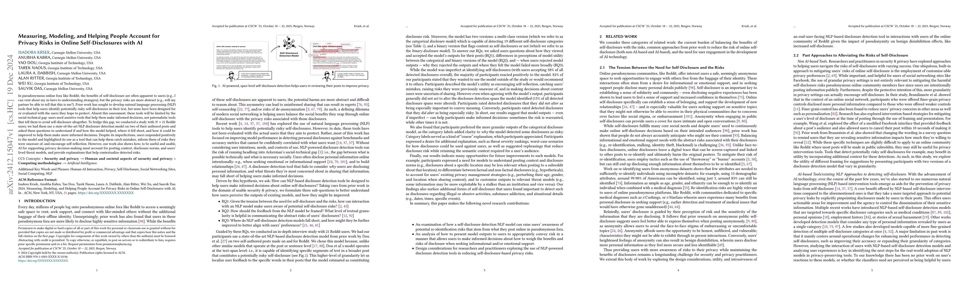 Thumbnail for Measuring, Modeling, and Helping People Account for Privacy Risks in
  Online Self-Disclosures with AI