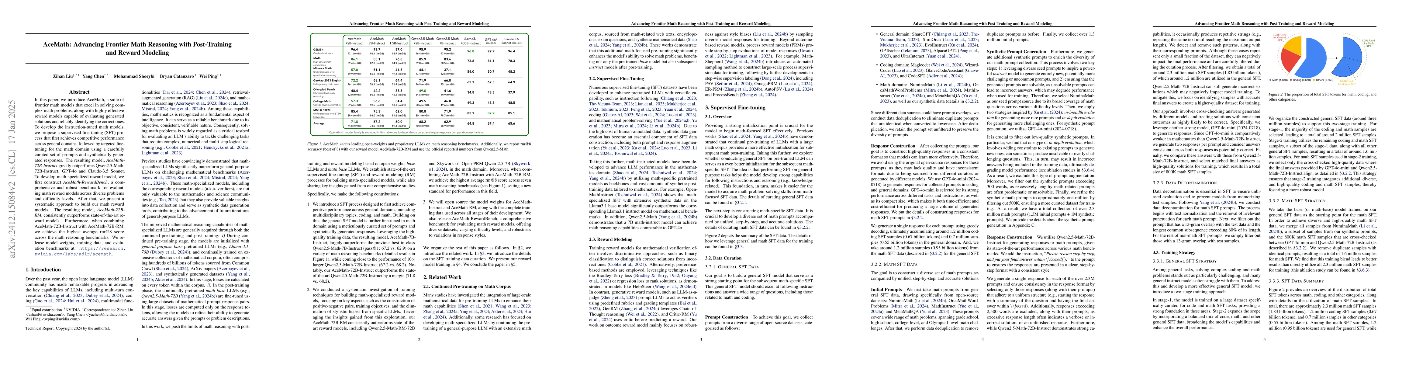 Thumbnail for AceMath: Advancing Frontier Math Reasoning with Post-Training and Reward
  Modeling