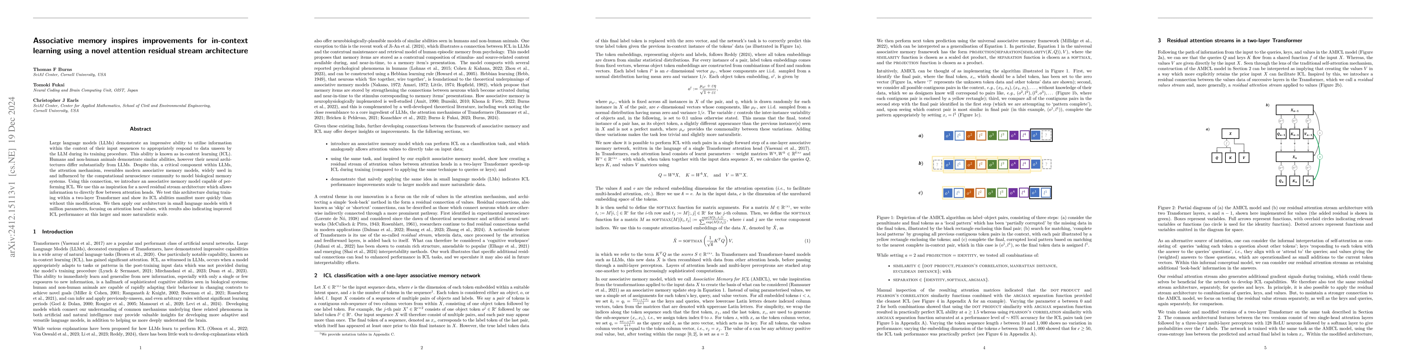 Thumbnail for Associative memory inspires improvements for in-context learning using a
  novel attention residual stream architecture