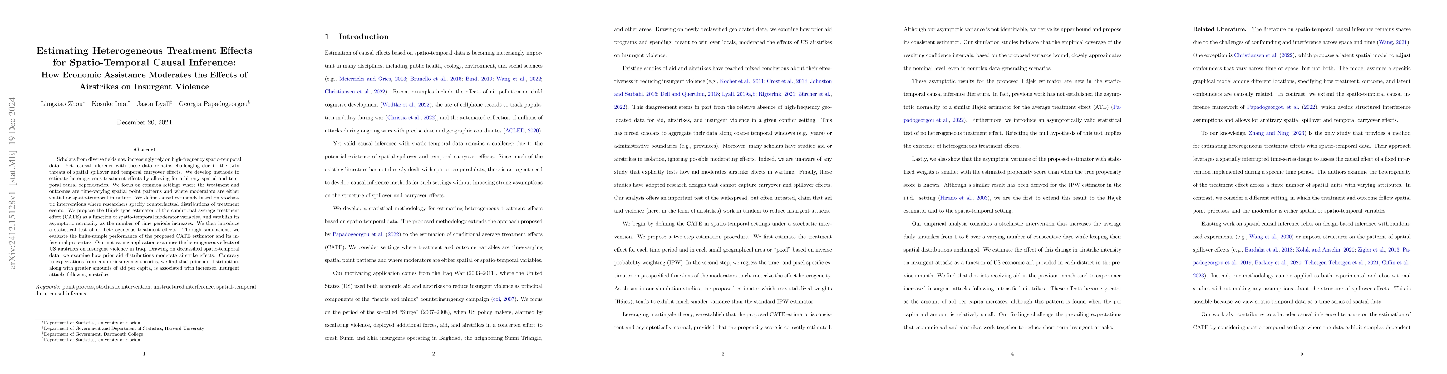 Thumbnail for Estimating Heterogeneous Treatment Effects for Spatio-Temporal Causal
  Inference: How Economic Assistance Moderates the Effects of Airstrikes on
  Insurgent Violence