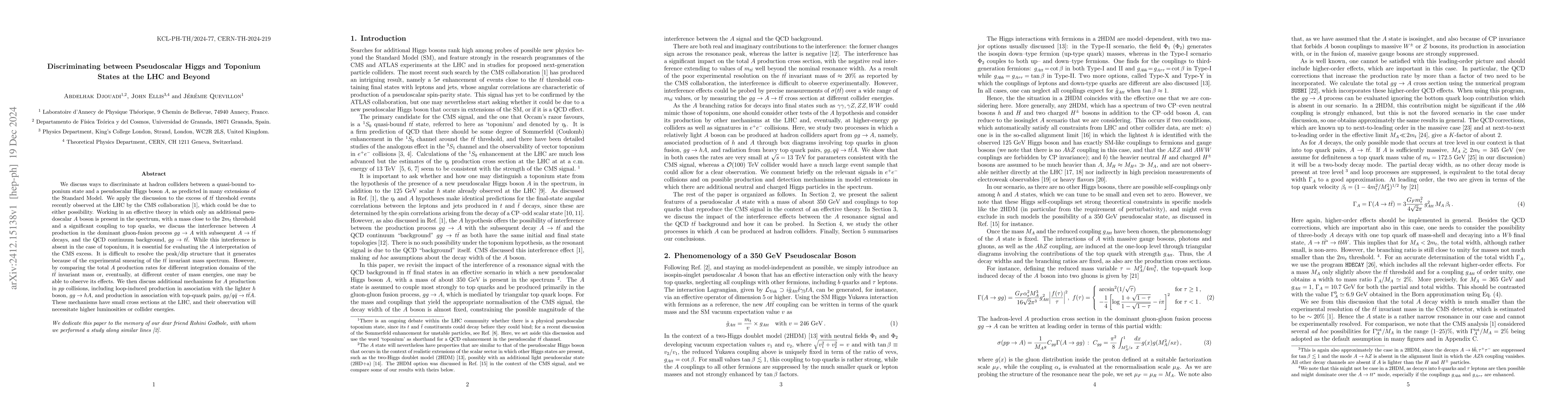 Thumbnail for Discriminating between Pseudoscalar Higgs and Toponium States at the LHC
  and Beyond