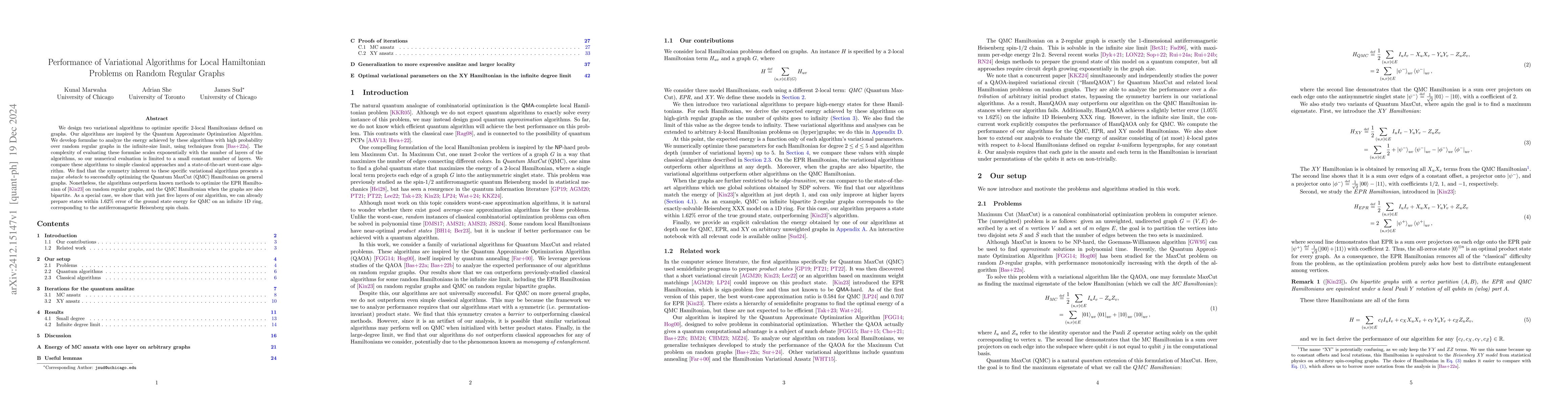 Thumbnail for Performance of Variational Algorithms for Local Hamiltonian Problems on
  Random Regular Graphs