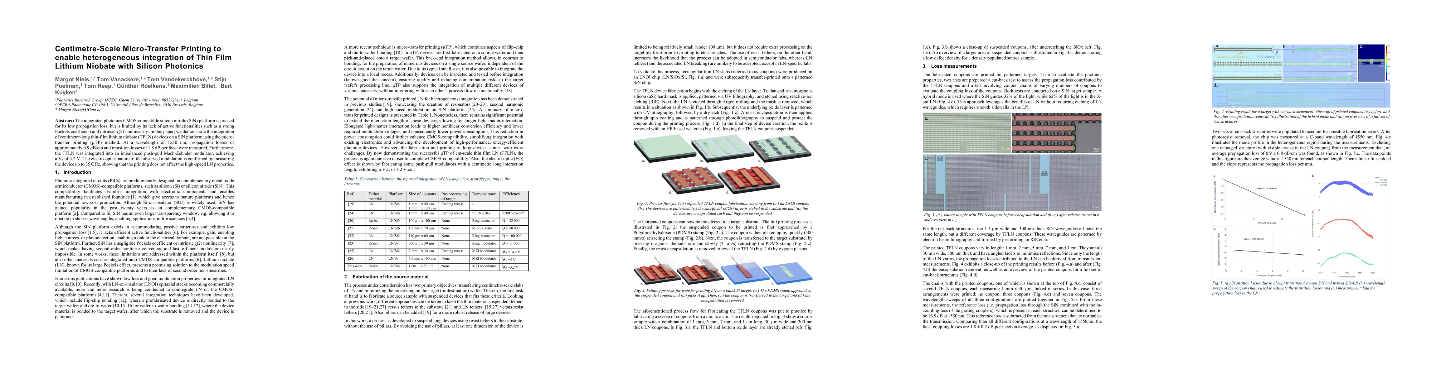 Thumbnail for Centimetre-Scale Micro-Transfer Printing to enable Heterogeneous
  Integration of Thin Film Lithium Niobate with Silicon Photonics