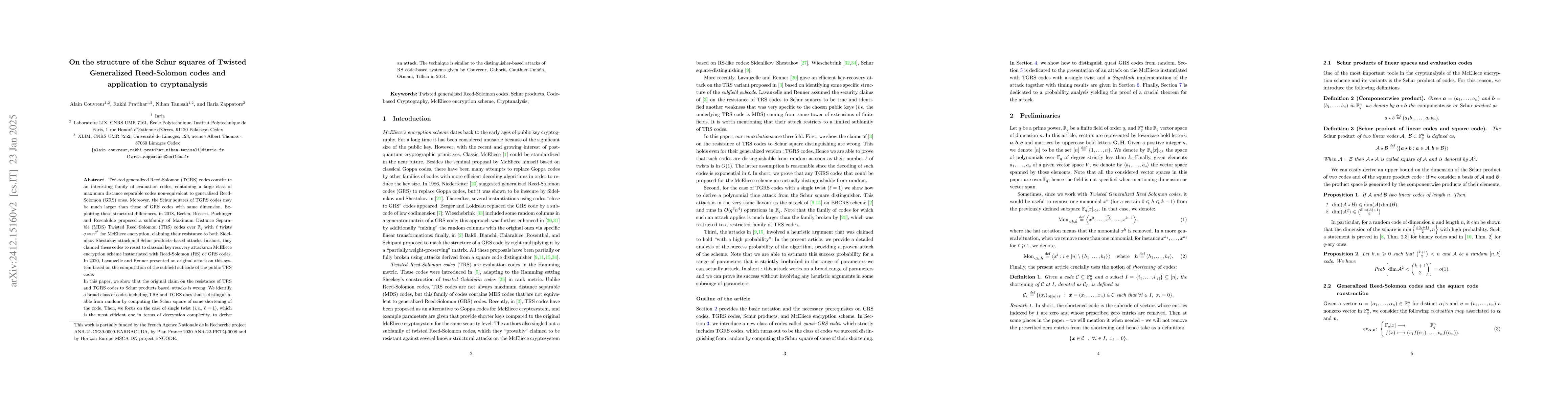 Thumbnail for On the structure of the Schur squares of Twisted Generalized
  Reed-Solomon codes and application to cryptanalysis