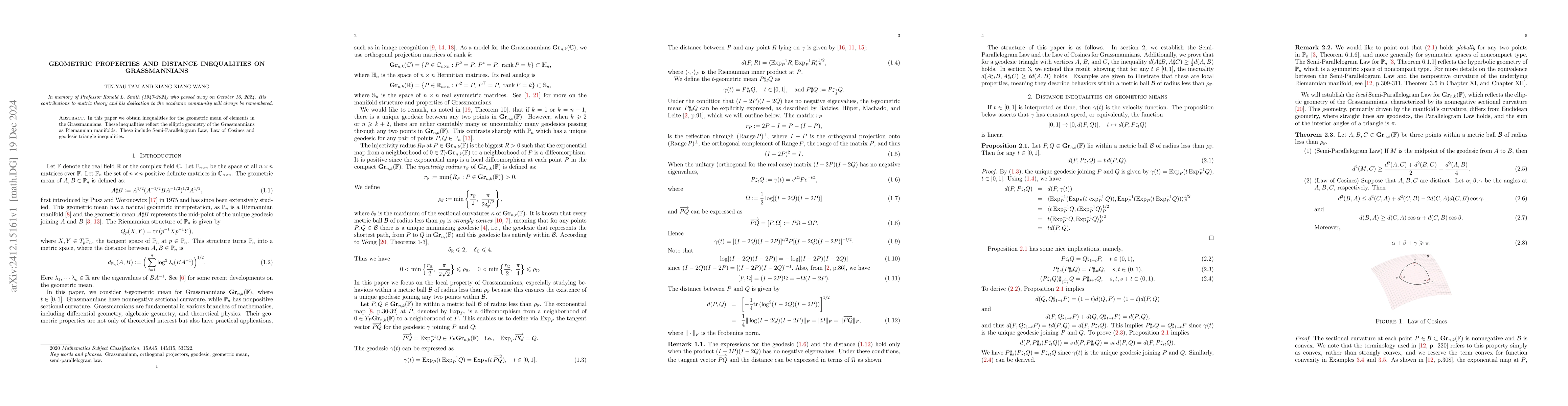 Thumbnail for Geometric Properties and Distance Inequalities on Grassmannians