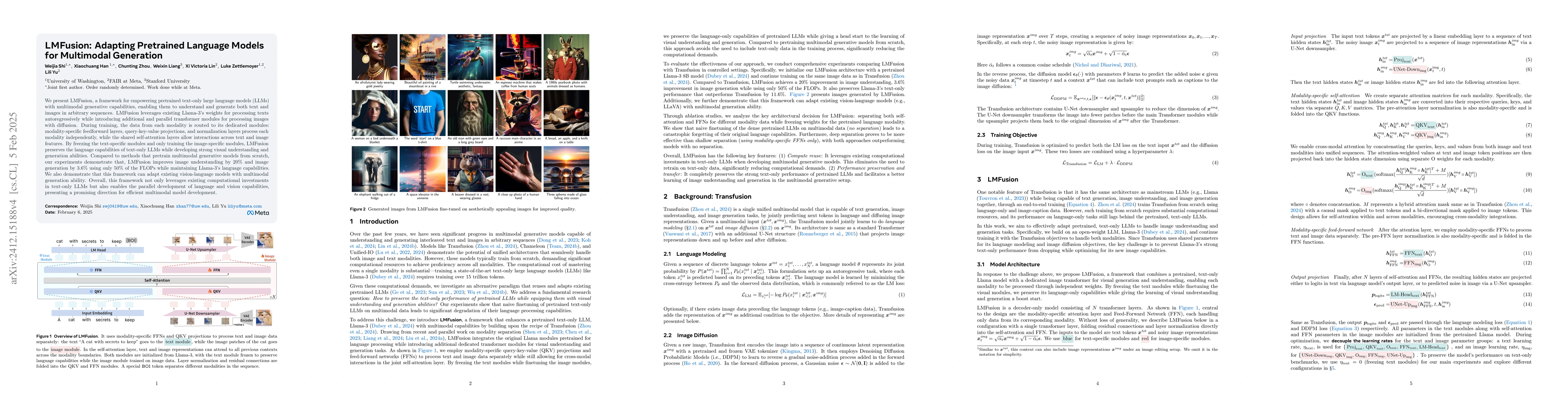 Thumbnail for LMFusion: Adapting Pretrained Language Models for Multimodal Generation