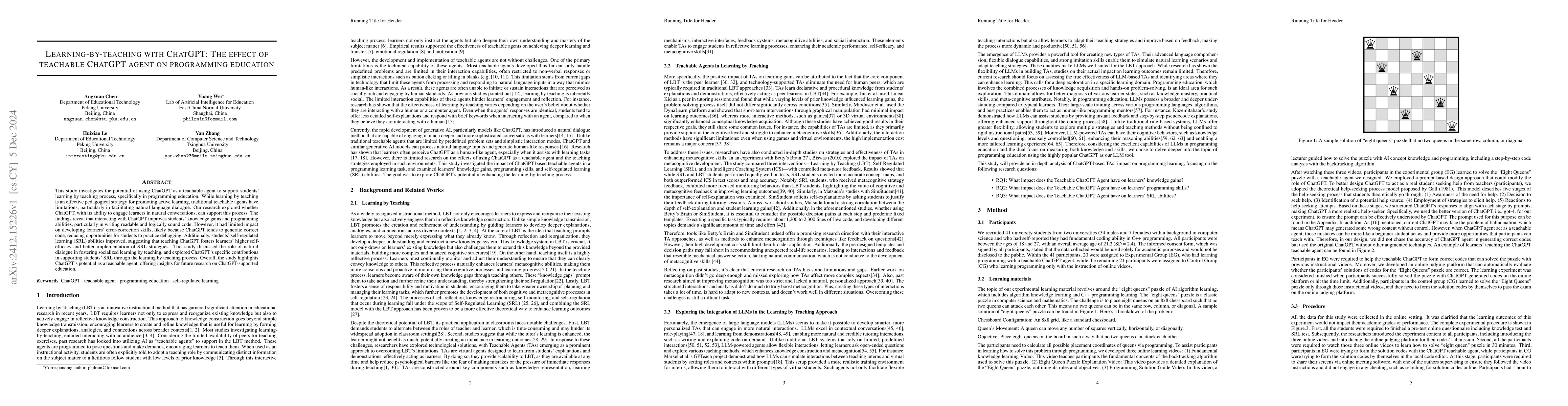 Thumbnail for Learning-by-teaching with ChatGPT: The effect of teachable ChatGPT agent
  on programming education