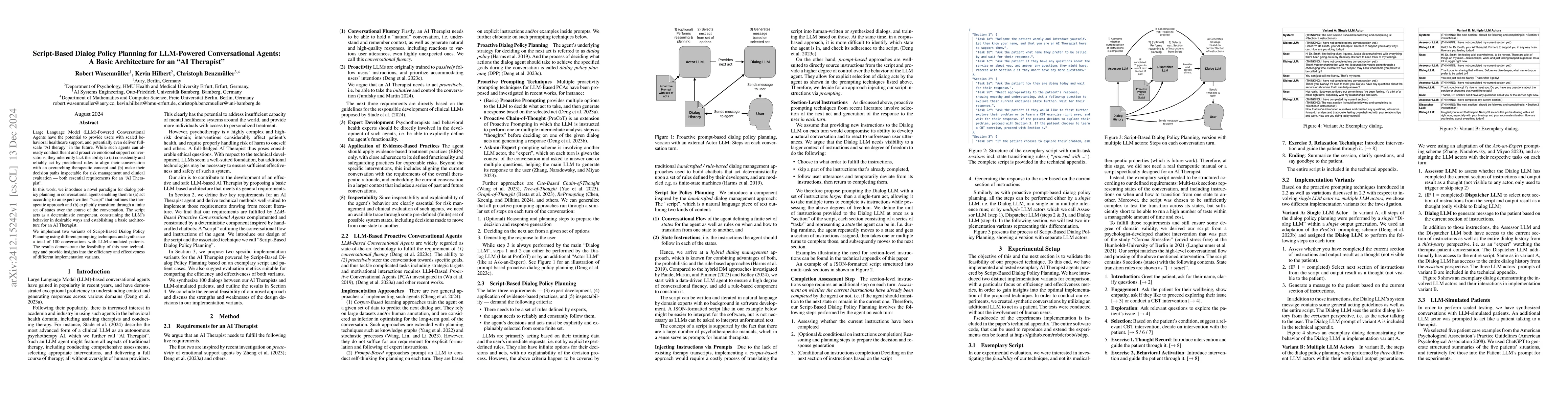 Thumbnail for Script-Based Dialog Policy Planning for LLM-Powered Conversational
  Agents: A Basic Architecture for an "AI Therapist"