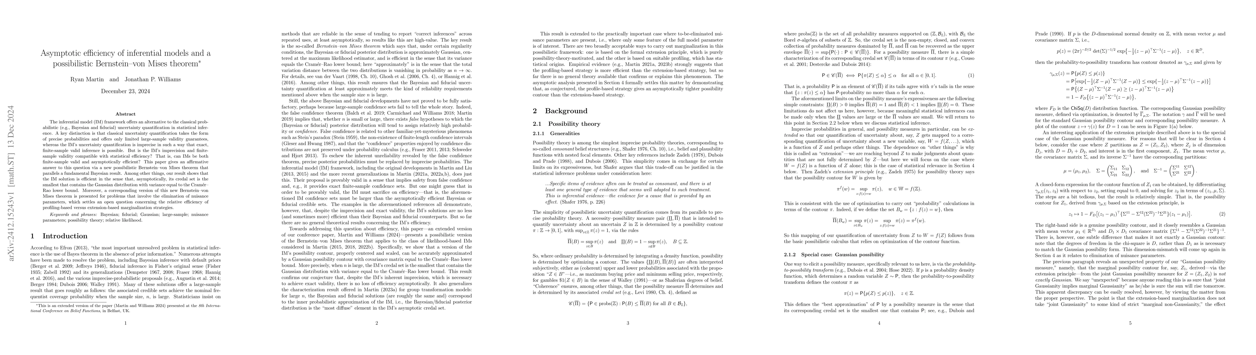 Thumbnail for Asymptotic efficiency of inferential models and a possibilistic
  Bernstein--von Mises theorem