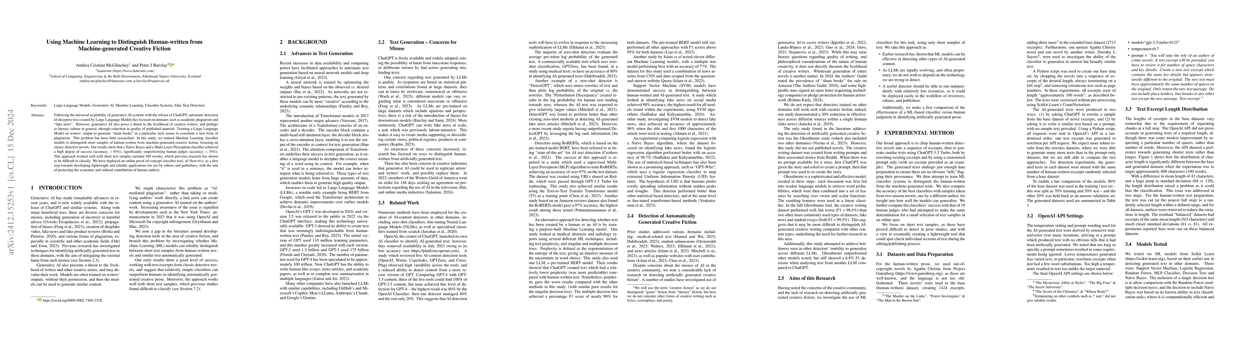 Thumbnail for Using Machine Learning to Distinguish Human-written from
  Machine-generated Creative Fiction