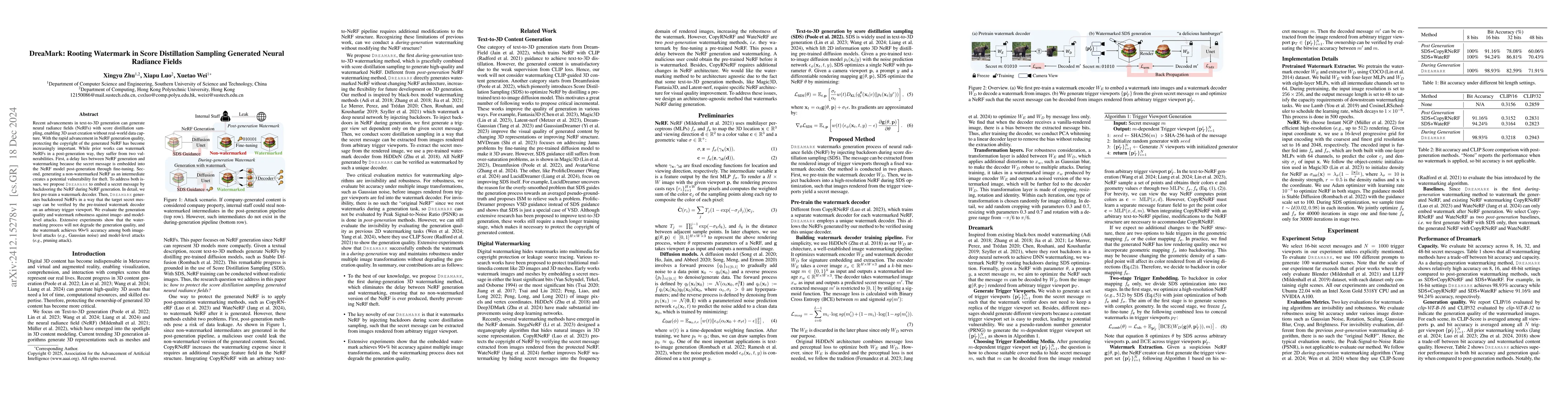 Thumbnail for DreaMark: Rooting Watermark in Score Distillation Sampling Generated
  Neural Radiance Fields
