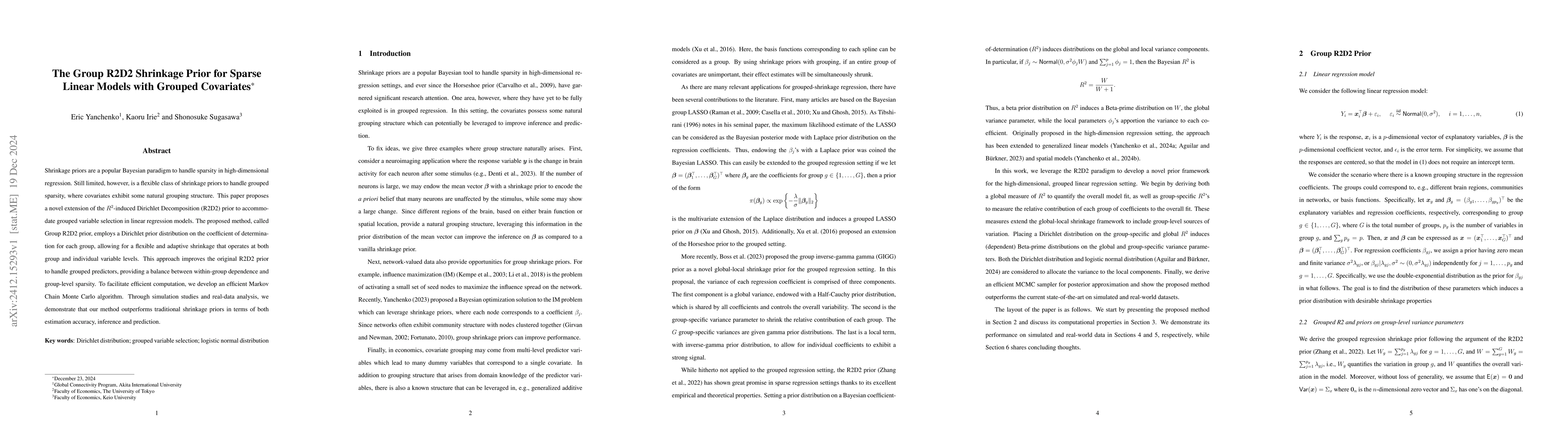 Thumbnail for The Group R2D2 Shrinkage Prior for Sparse Linear Models with Grouped
  Covariates