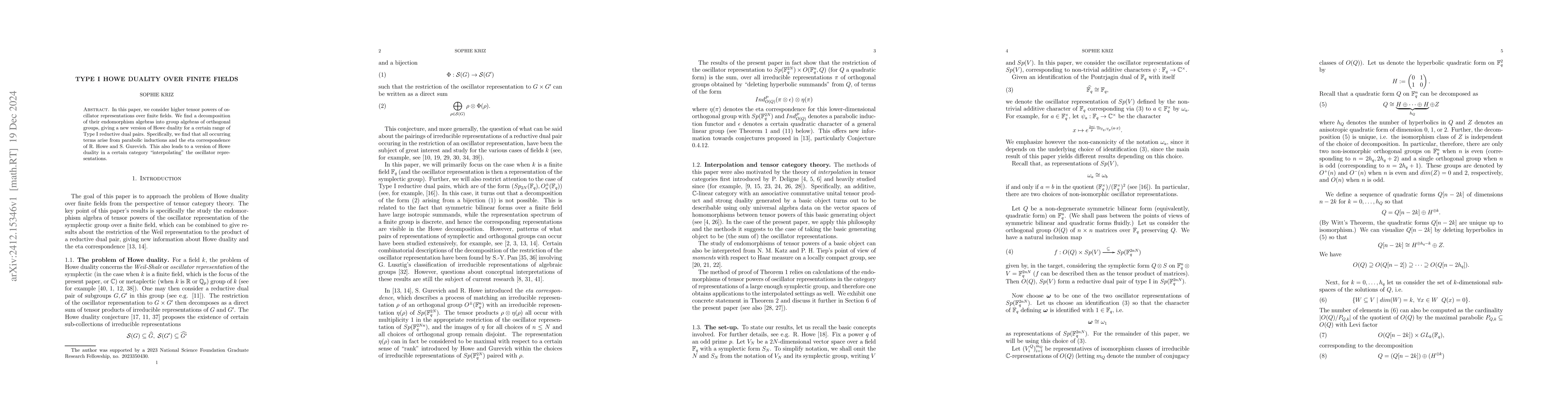 Thumbnail for Type I Howe Duality over Finite Fields
