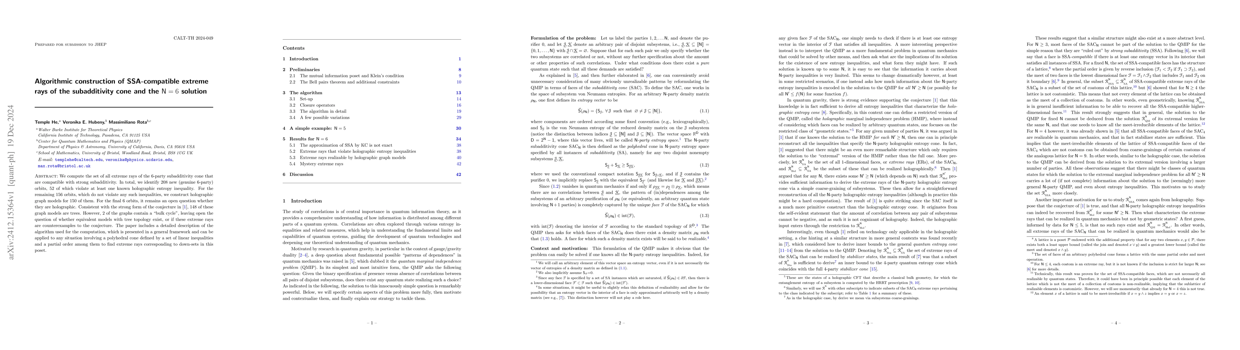 Thumbnail for Algorithmic construction of SSA-compatible extreme rays of the
  subadditivity cone and the ${\sf N}=6$ solution