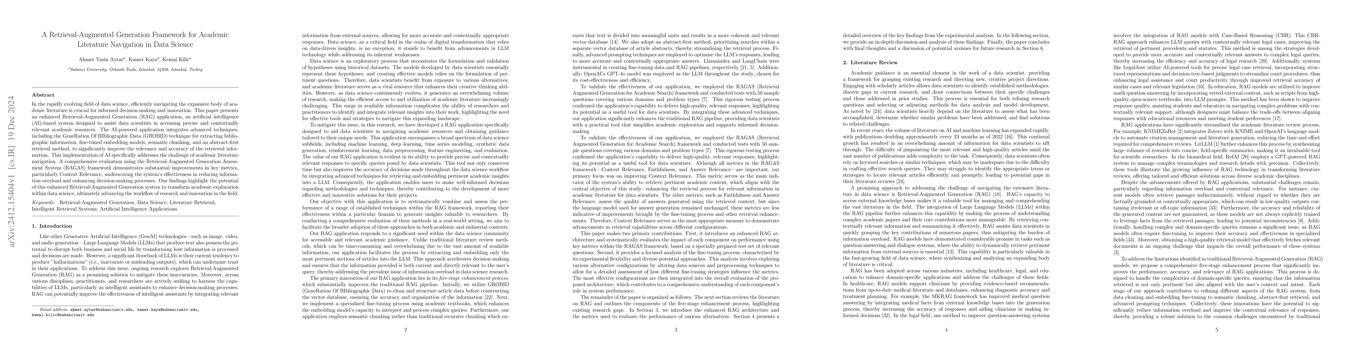 Thumbnail for A Retrieval-Augmented Generation Framework for Academic Literature
  Navigation in Data Science