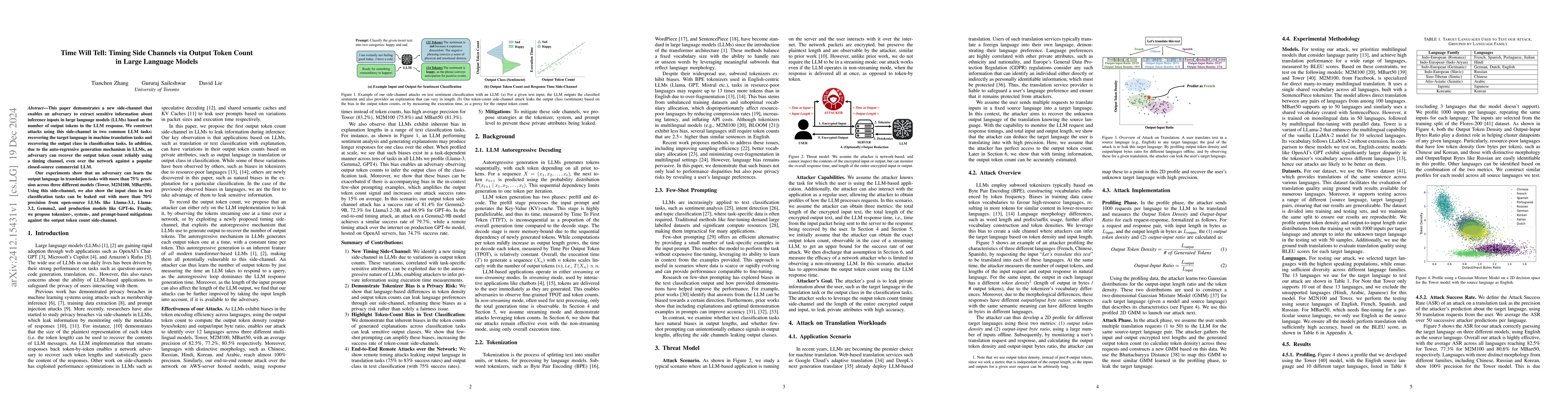 Thumbnail for Time Will Tell: Timing Side Channels via Output Token Count in Large
  Language Models
